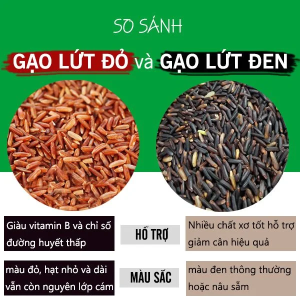 gạo lứt đen hay đỏ, nên ăn gạo lứt nào, gạo lứt nào tốt hơn, gạo lứt cho người ăn kiêng, so sánh gạo lứt